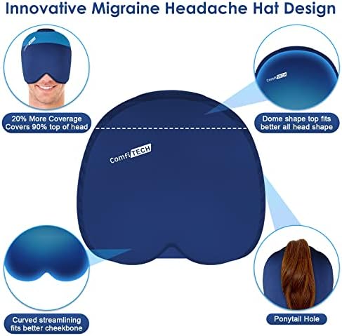 Превръзка на главата със студен от мигрена ComfiTECH, Капачка за облекчаване на главоболие при мигрена (Средно-Синьо) и Маска с лед за