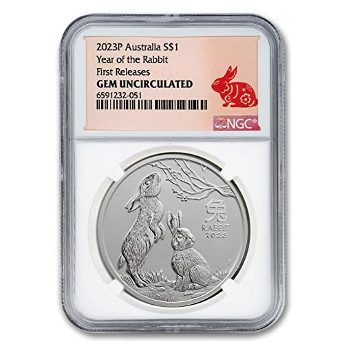 2023 г. Сребърна монета на Австралийската лунна серия III Year of the Rabbit с тегло 1 унция Скъпоценен камък, без лечение (Първите