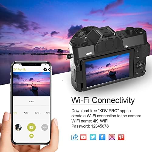 Комплект цифров фотоапарат Acuvar 4K 48MP за фотография, Място за видеоблогинга за YouTube мек екран, Wi-Fi, широк ъгъл и Макрообъективом,
