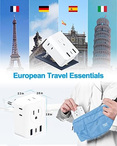 Европейският адаптер за пътуване, Международният Адаптер за захранване с 4 розетки на променлив ток, 3 USB порта (1 USB C), Адаптер за ел.