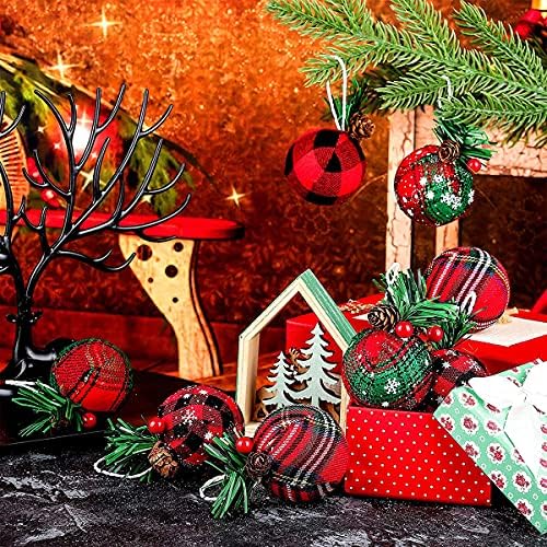 Изискана коледна декоративни подаръци, 6 бр. Коледни Украси в клетка от мъниста, 3-инчов Декорации от плат в клетка от Бъфало с борови