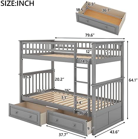 Дървено Двуетажно легло RUNWON Twin Over Twin с чекмеджета за съхранение и защита на ограждениями по цялата дължина за деца