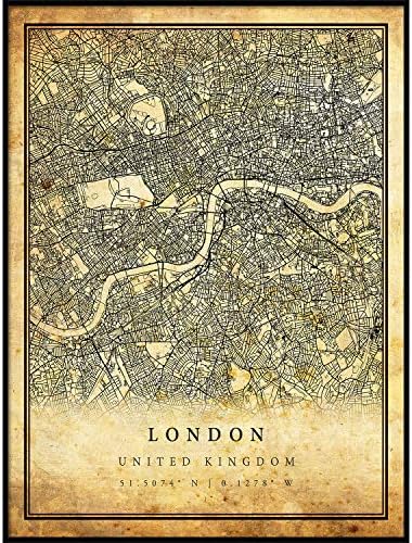 Карта на Лондон за Печат Плакат в Ретро Стил |Щампи с участието на Стария Град | Начало Декор в Старинен Стил | Подарък на Стената в