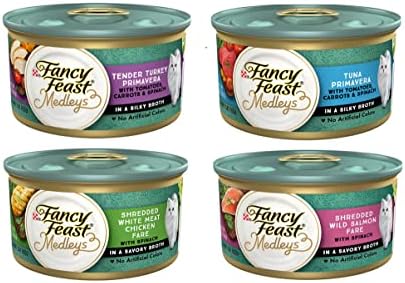 Влажен Консервирана храна за котки Fancy Feast Medleys 4 вкуса: Пуйка Примавера, риба Тон Примавера, Нарязания на ситно Сьомга, Нарязана