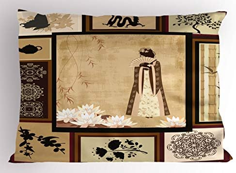 Имитация на японски възглавници Ambesonne, Момичето в традиционни дрехи и бижута с културни Модели, Древен Източен Колаж,
