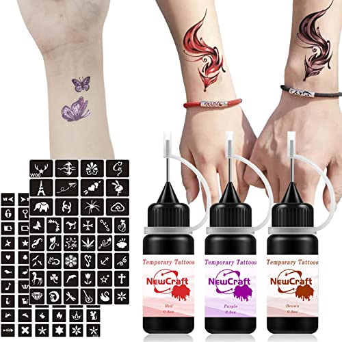 3 Бутилки Временни Комплекти за Татуировки Включва Червено-Кафяв Виолетово с 102 бр. Комплект Самозалепващи Шаблони за Мъже Жени САМ