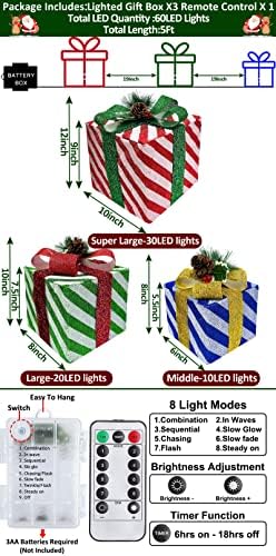 [Супер големи 12 -10- 8] 3 бр. Коледни подаръчни кутии с осветление, Украса, 60 Таймери led, 8 Режима на Управление, Дистанционно