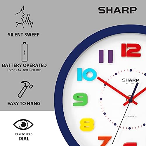 Светли Детски Стенен часовник SHARP 10 Инча, Безшумни, не тикающие, кварцов, захранван от батерии, лесно четлив, с разноцветни фигури в