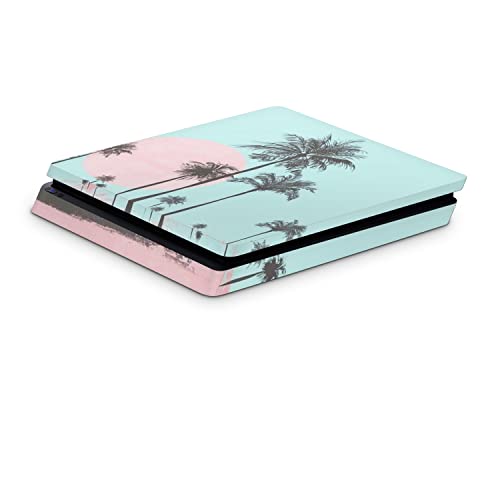 ZOOMHITSKINS PS4 Тънка кожа, която е съвместима с Playstation 4 Тънка, Тропически Пастельно-синята Розова Длан Лятна мечта,