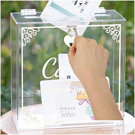Акрилна кутия за сватбени картички ръчна изработка Без монтаж с ключ (Удобна и безопасна) 10 × 10 × 5 инча (бял цвят)