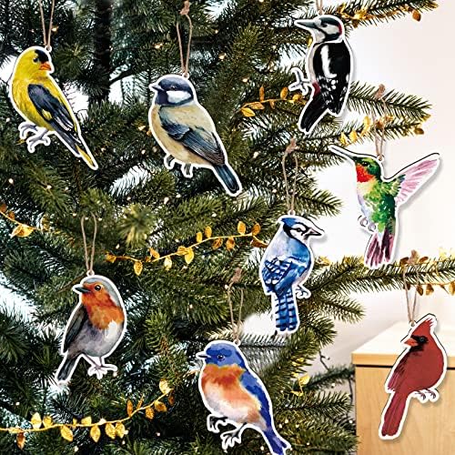Украса за Коледната елха, Птици, Дървен Окачен Цветист Набор от 16 Реалистични Акварельных бижута, 8 Вида птици, Колибри, Щиглец,