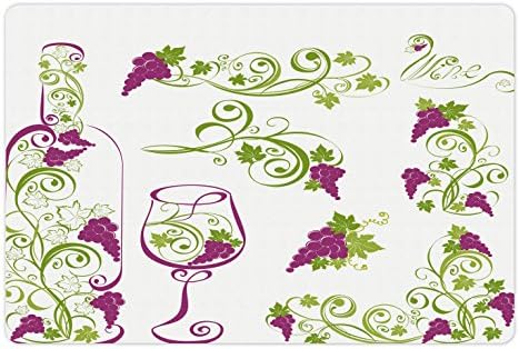 Вино Черга Ambesonne за домашни за храна и вода, Надпис на бутилирани вина и Бокалах под формата на Лози с Закрученными Линии