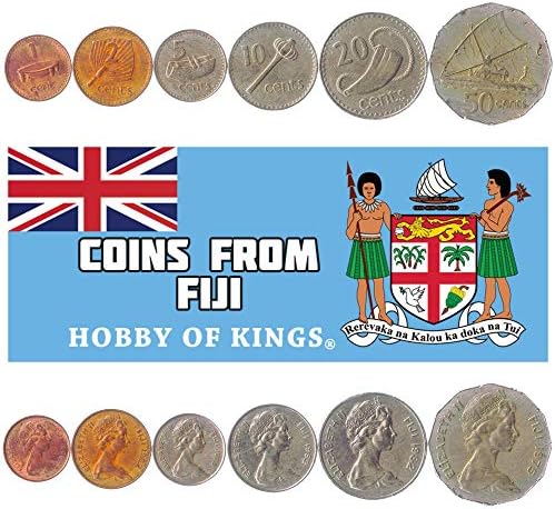 6 Монети с Фиджи | Колекция фиджийских монети 1 2 5 10 20 50 Цента | В обращение 1969-1985 | Оризово растение | Кралица
