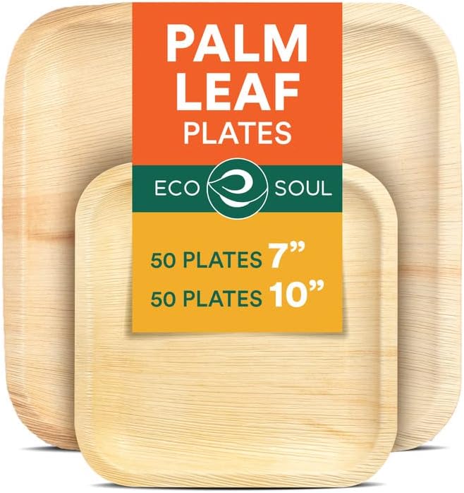 ECO SOUL Компостируемые 10-инчови и 7-инчови плочи от палмови листа [50 броя в опаковка] I Набор от чинии за еднократна употреба