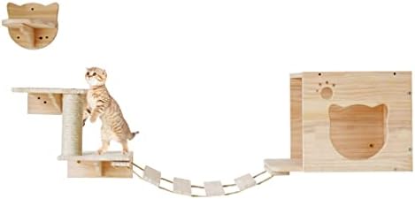 Стенни рафта и място за спане за котки Seleeka, Стенни Мебели за Котки (1 Висящ мост, монтиран на стената, 2 Скрепер за котки, 1 Гнездо