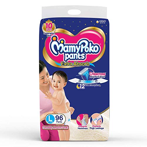 Памперси MamyPoko Pants Допълнително Абсорбиращи Месечна опаковка, Голяма (опаковка от 96 броя)