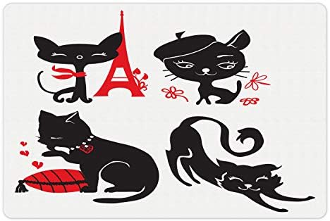 Подложка за котки и мишки Ambesonne за храна и вода, с Шарките на 4 Модерни котки в Романтична и стилна парижка тематика, Нескользящий Гумена