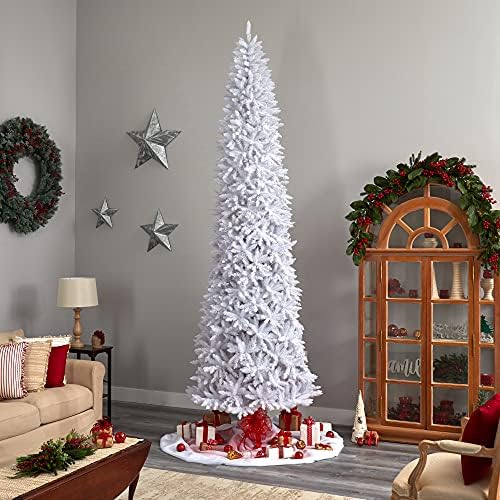 12 фута. Тънка Бяла Изкуствена Коледна елха с 1100 Топли бели led светлини и 3235 Гъвкави клони