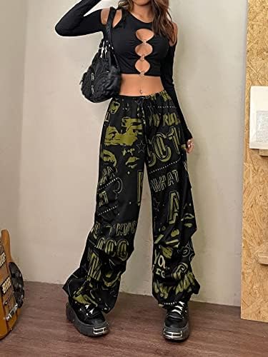 PROPFE Дамски панталони Панталони за жени с шарени Звезди и Букви на експозиции с парашут на талията (Цвят: черен, Размер: Голям)