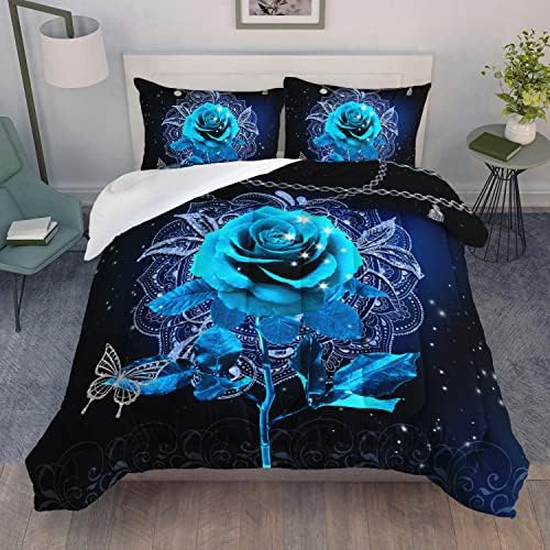 AILONEN, 3D Картина с маслени бои, Комплект завивки със Синя Роза, Размер на Кралицата, Великолепна 3D Роза и Магия, Комплект Спално