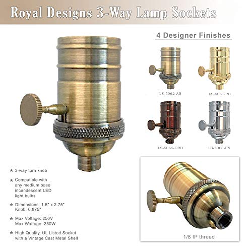 Royal Designs, Inc. Пълна Гама от 3-Позиционни Реколта Ротационни Дръжки за Контакти Лампа, Античен Месинг, Комплект от 2