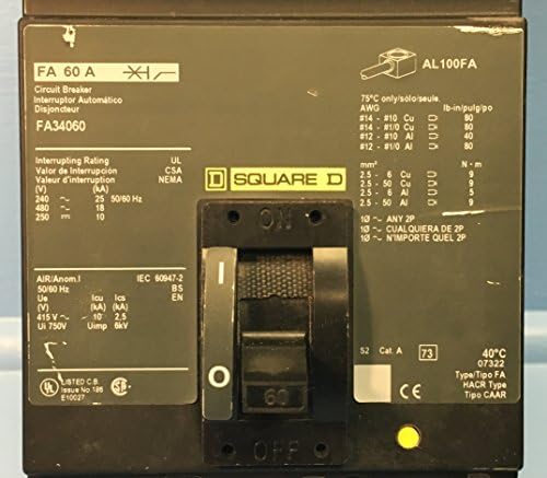 Автоматичен прекъсвач SCHNEIDER ELECTRIC за 480 Волта 60 АМПЕРА FA34060 В гласа КОРПУС 480V 60A