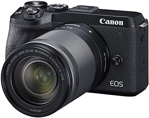 Беззеркальная фотоапарат Canon EOS M6 Mark II с обектив 18-150 мм и EVF (черна) (3611C021) + монитор 4K + Професионален микрофон + 2 карти