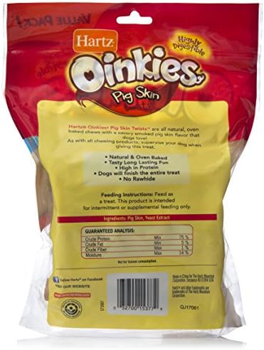 Пръчици за дъвчене за кучета Hartz Oinkies От Естествена Пушена Свинска Кожа Twist - 20 Опаковки