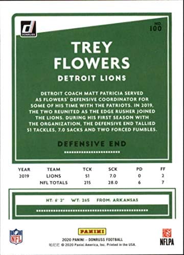 2020 Donruss 100 Търговска картичка Trey Flowers Detroit Lions Футбол NFL