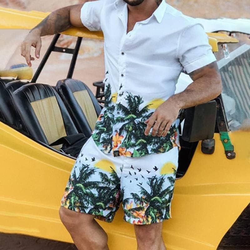 Мъжки хавайски комплекти с принтом n/a, риза с къси ръкави и отворотами за почивка, шорти, Лятна Мода Градинска дрехи, Мъжки