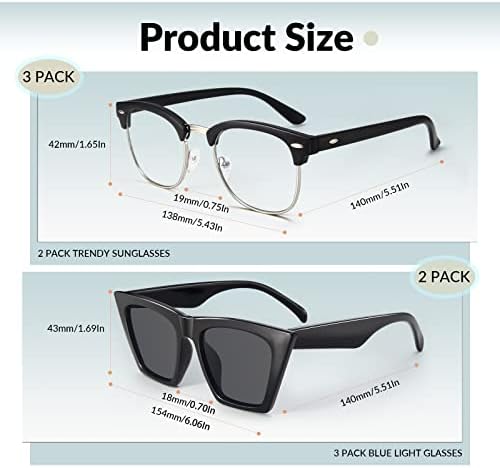 racico 2 Опаковки Модни Слънчеви очила Котешко око и 3 Опаковки на Компютърни Очила с Блокиране на Синя Светлина за Мъже и Жени