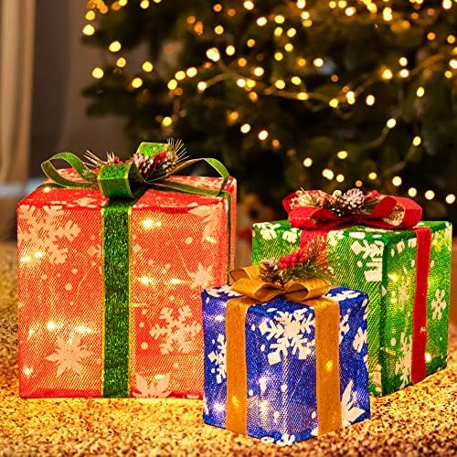 Комплект от 3 Коледни подаръци кутии с осветление, Сгъваеми Коледна украса с подсветка на 60 led лампи, Изкуствени Коледни