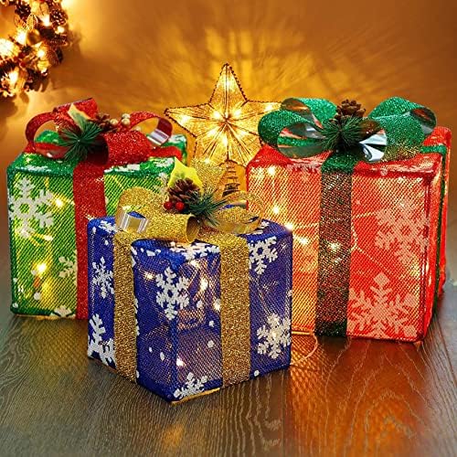 Коледни Декорации Комплект от 3 Подарък Кутии с Подсветка, Led Подарък кутия с Осветление, Декор на Батерии за Коледната