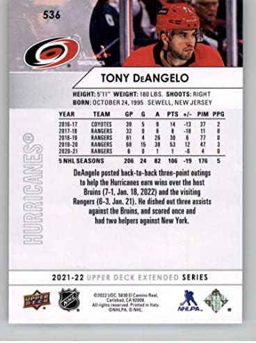 2021-22 Разширяване на Горната палуба #536 Тони Деанджело Каролина Харрикейнз Хокейна карта НХЛ