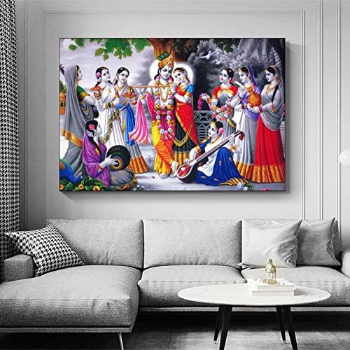 БНЕ Радха Кришна с Ашта Сакхи Гопи Платно Художествен Плакат и Стенни Художествена Картина Принт Модерен Семеен Декор за