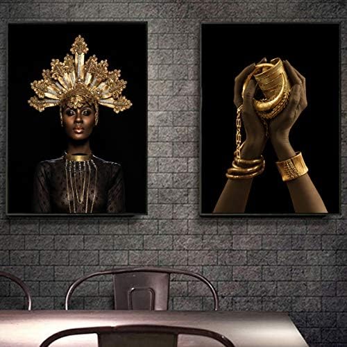 VIAYA, 2 броя, афроамериканский Стенен Платно, черна женска Портретна фотография със Златни инкрустации, Колие, Гривна, монтиран на стената