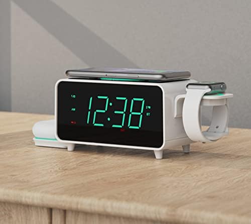 Smart alarm clock Емерсън Radio FM-Радио с безжична зареждане, Говорител Bluetooth, Бързо зареждане за Airpods / iPhone, Сгъваема Стойка,