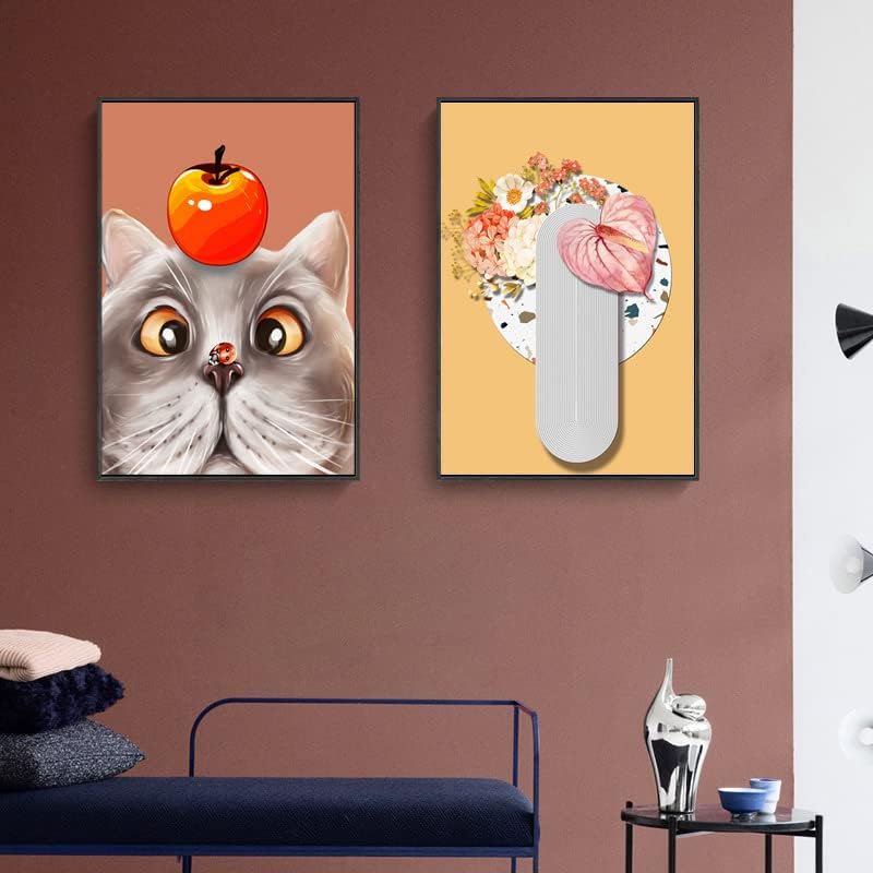 Модерна минималистичная декоративна картина за хола с шарени хубава котка и цветя, рисувани стенни ресторант, малък свеж