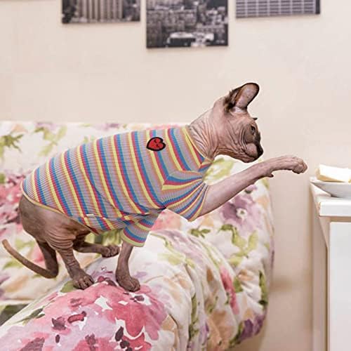 Риза за Бесшерстных котки Bonaweite Sphynx, Тениски с дълъг ръкав в розово райе с коте Корниш Рекс, Дишаща Пуловер с яка за котки,