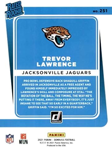 Тревър Лорънс 2021 Донрусс Мента имам карта за начинаещи № 251 , която изобразява избор № 1 на Jacksonville Ягуарз на драфте в своята