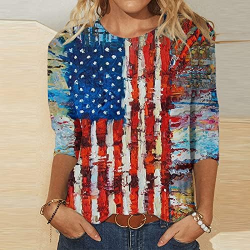 Ausyst Женска Тениска с Американския Флаг на 4 юли, ден за ден Пуловер с кръгло деколте и 3/4 ръкав, Междузвездни Ленти, Графични Патриотични