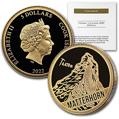 Златна монета 2022 година с разбивка 1/2 грам на Островите Кук, Официално законно платежно средство Матерхорн, Монета (в капсули)