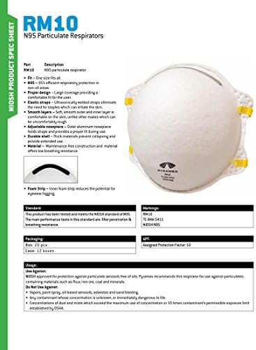 Прахозащитен маска Pyramex RM10 N95 с частици твърди частици -Конусовидна Респираторни маски (20 опаковки)