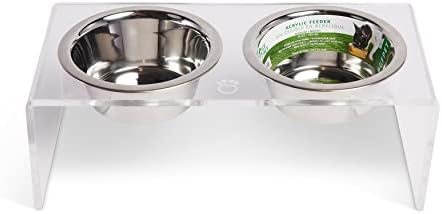 Акрилна поставка за хранене с 2-ма подвижни мисками от неръждаема стомана - за кучета или всеки домашен любимец, в комплект