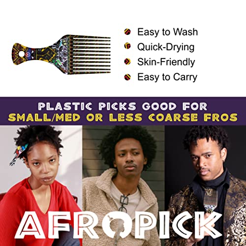 Afropick Антистатик Пластмасов Черен Гребен за Естествена Къдрава Дълги Гъста Коса - Гребен Afro Преса за мъже, Жени - African Artist Designs