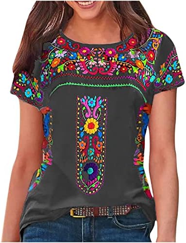 Мексикански Тениски с Къс ръкав за Жени, Реколта Летни Блузи с Флорални Принтом, Тениски в Западния Етнически Стил Бохо