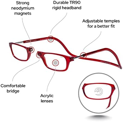 Магнитни очила за четене Clic, компютърни ридеры, сменяеми лещи, регулируеми лък тел, оригинални, (червен, увеличаване на 1,75)