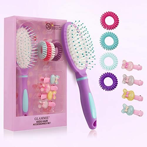 Комплект четки за коса GLAMMIE Girls - Подаръчен комплект - Розова четка за коса с Огледало за ръце и Машината за рязане на нокти - Лилава