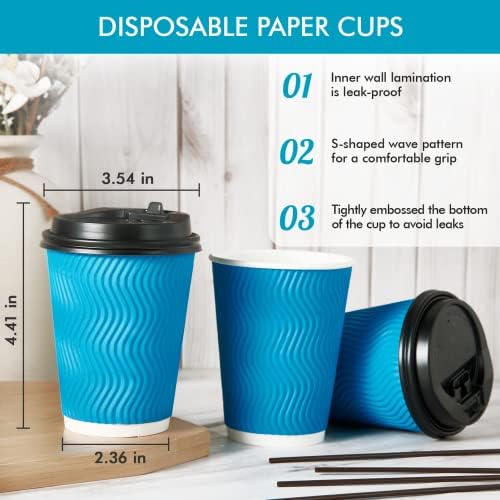 DAILYPACK [100 Опаковки за еднократна употреба, чаши кафе на по 12 унции с капаци и соломинками, изолирани картонени чаши с рифлеными