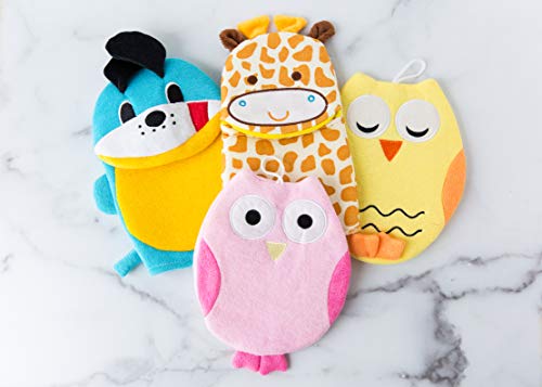 Забавни играчки за къпане на деца - пакет - 4 Салфетки за къпане /Ръкавици /Ръкавици с Кученце, Жирафа и 2 Цветни Совами. Дайте воля